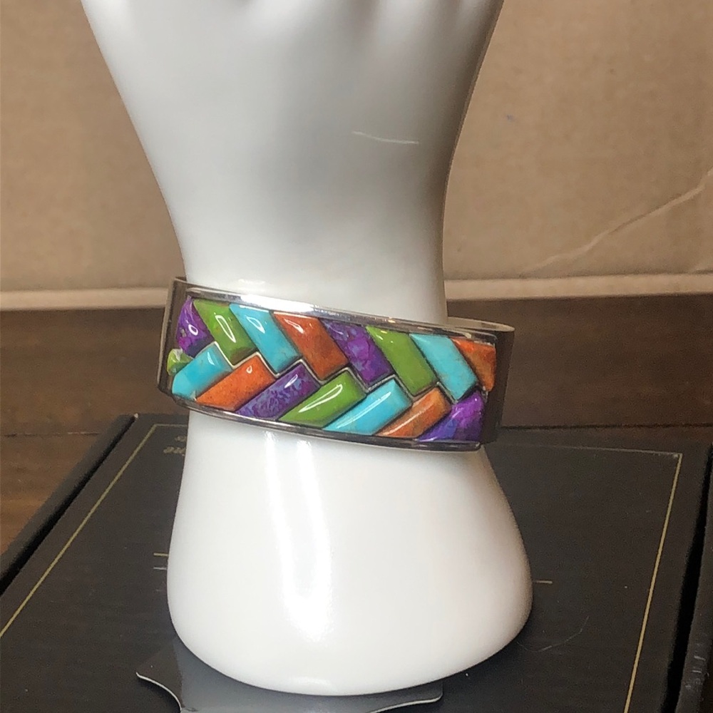 JAY KING Turquoise Coral Green Turquoise Sterling Silver Braided Gem Stone Cuff - Picture 17 of 17